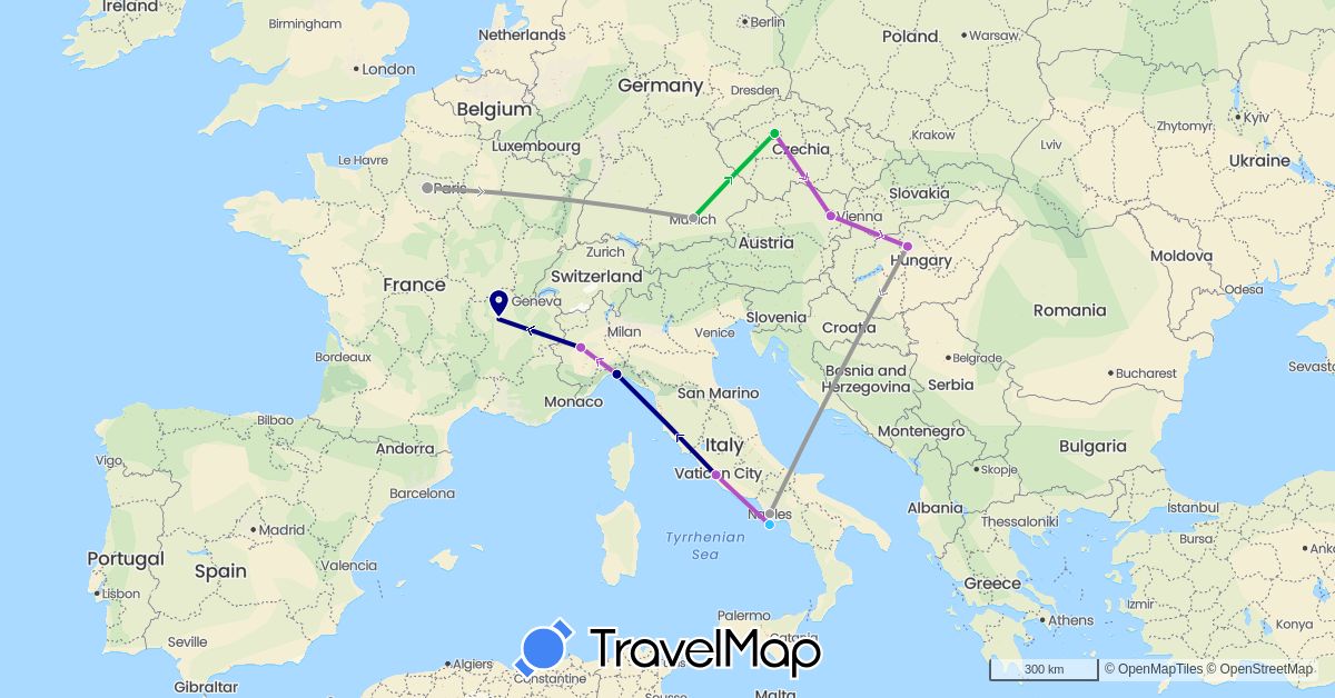 TravelMap itinerary: driving, bus, plane, train, boat in Austria, Czech Republic, Germany, France, Hungary, Italy (Europe)